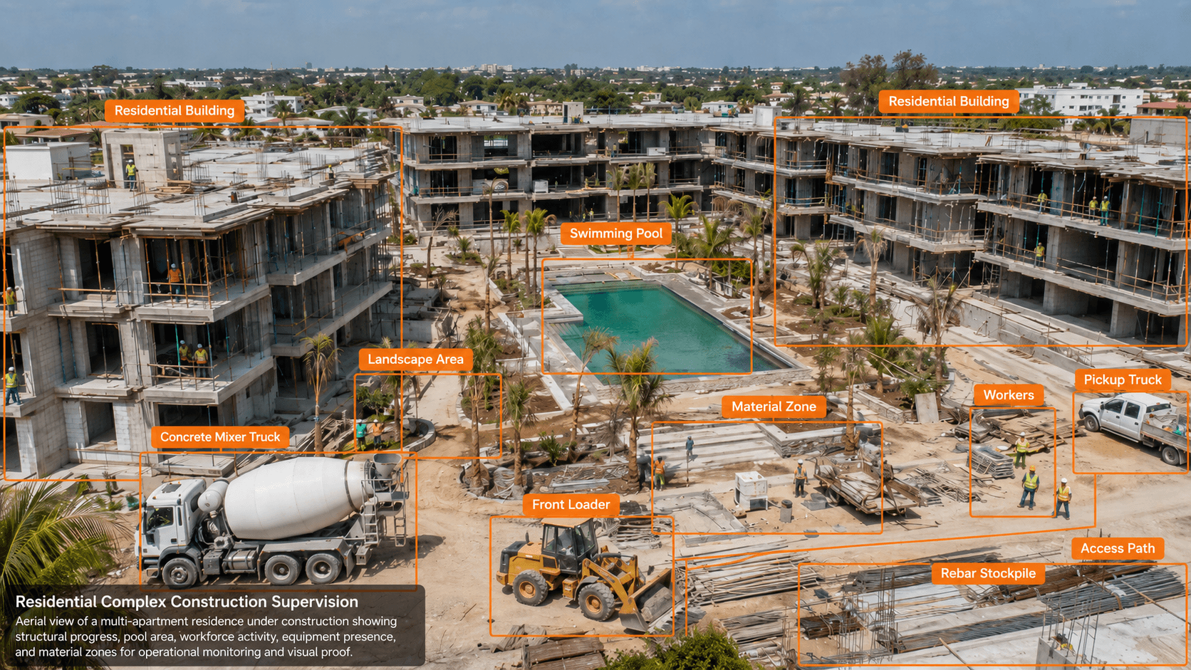 Residential complex construction supervision image with AI labels for buildings, swimming pool, workers, equipment and material zones.