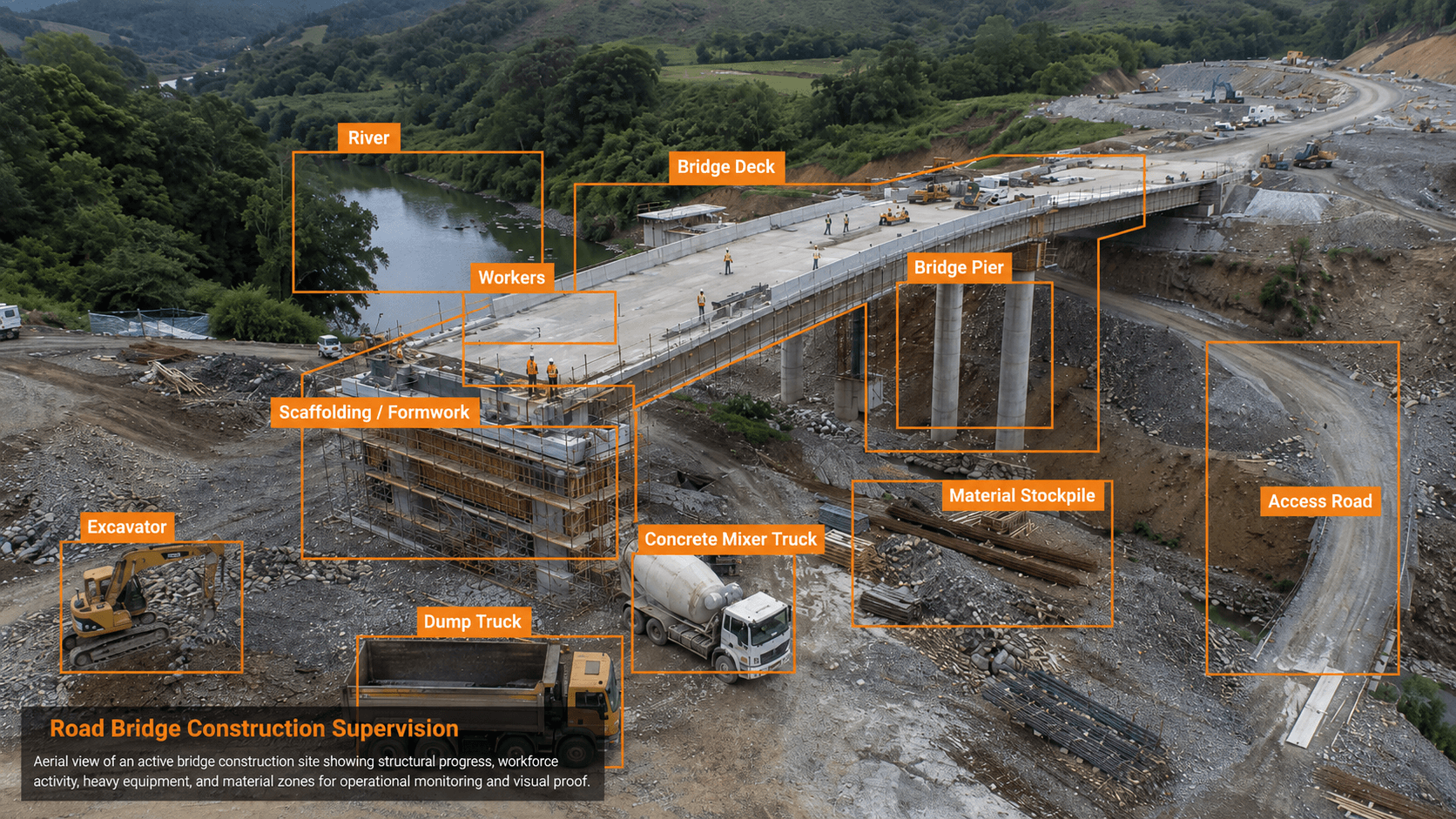 Road bridge construction supervision image with AI labels for bridge deck, piers, river, workers, equipment and material stockpiles.